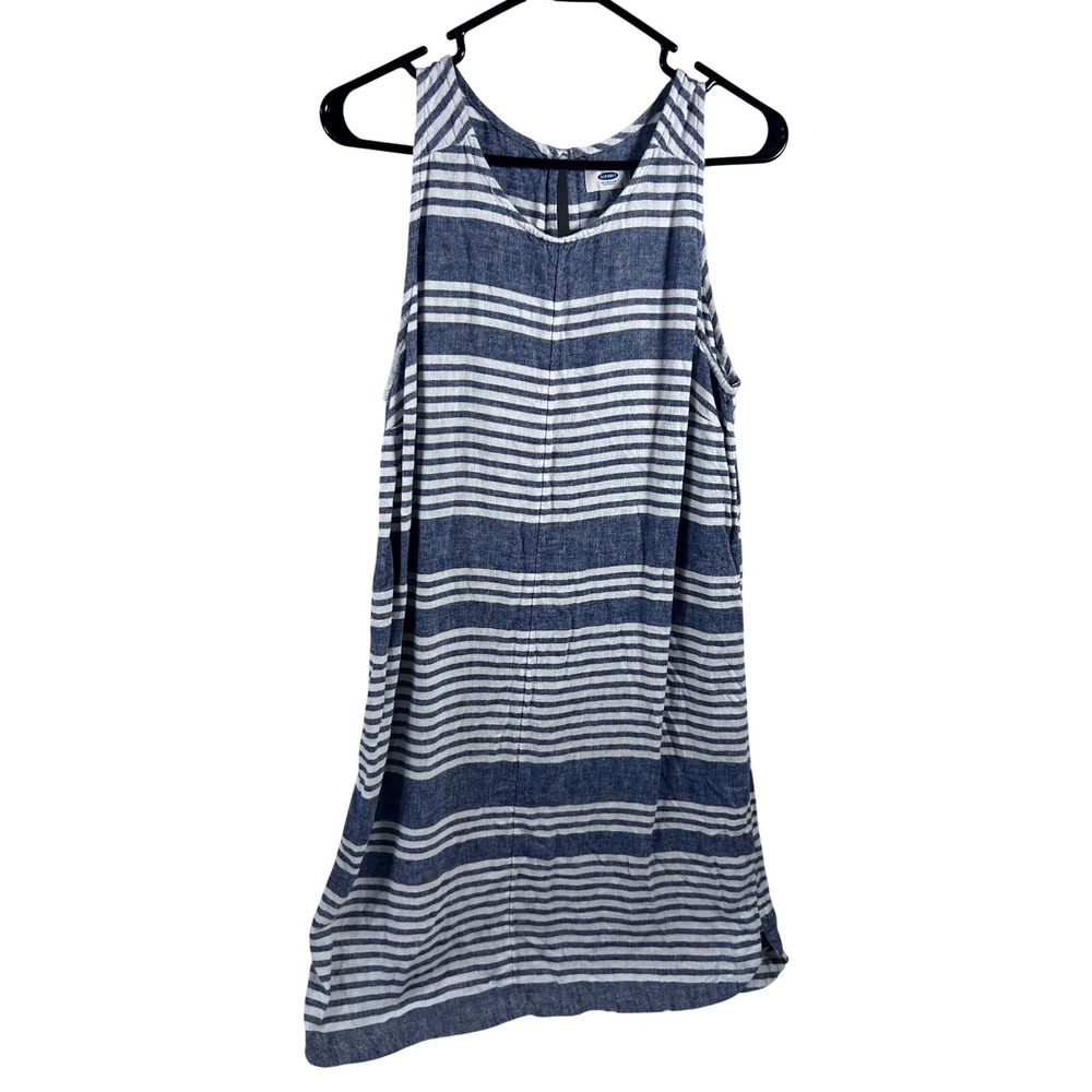 Old Navy Sleeveless Shift Dress Large Blue White Striped Linen Blend Womens